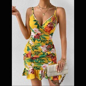 Tropical Print Ruffle Hem Cami Dress